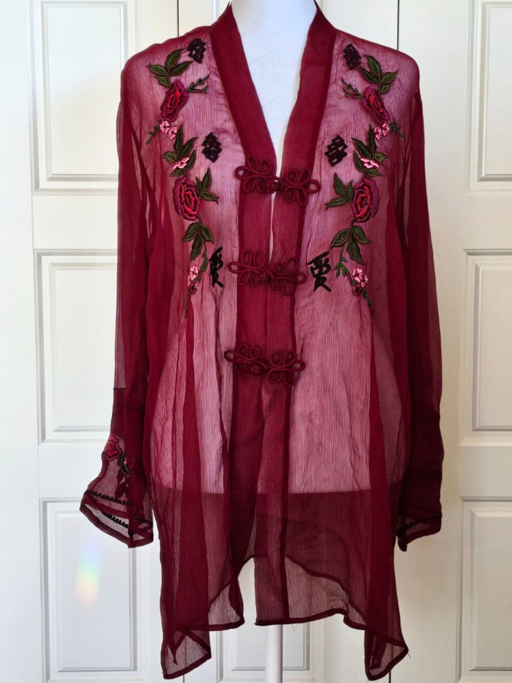 Vintage Carole Little Silk Jacket 12 Embroidered Sheer Frog Closure Asian